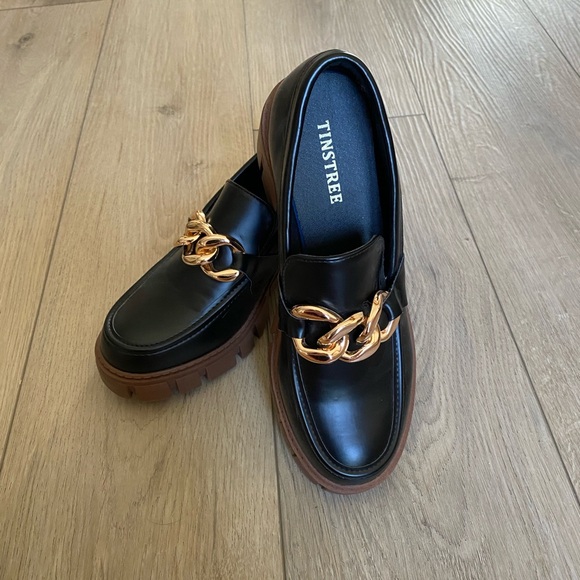 7/7.5 Tinstree Black and Brown Chunky Lug Sole Loafers with Gold Chain - Picture 5 of 7